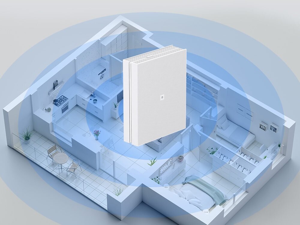 Router ZTE T5400 IDU Inteligentne urządzenie domowe emituje niebieskie fale sygnału nad minimalistycznym planem mieszkania z kuchnią, salonem, sypialnią i łazienką, pasma, sieć Wi-Fi
