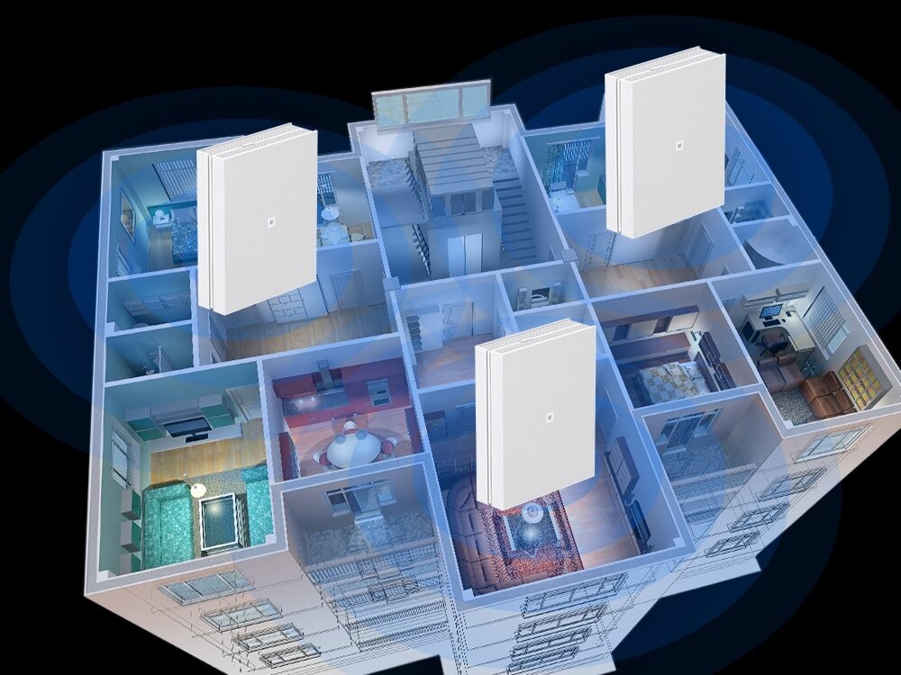 Router ZTE T5400 IDU Trójwymiarowy rzut domu z kilkoma pomieszczeniami i podświetlonymi strefami. Na wizualizacji widać duże ikony wzmacniaczy Wi-Fi oznaczające zasięg sieci, sieć Mesh, rozbudowa