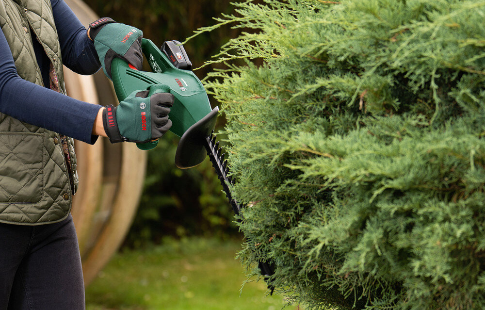 Nożyce do żywopłotu BOSCH EasyHedgeCut 18V-44-11 ogród osoba tnie żywopłot trzymając nożyce w dłoniach efektywne cięcie żywopłotów szybkie cięcie zadbany ogród