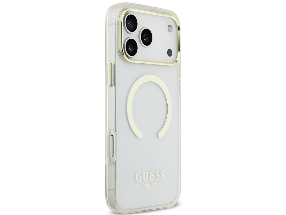 Etui GUESS Metal Outline MagSafe
            etui na białym tle pierścien magsafe logo transparentny tył