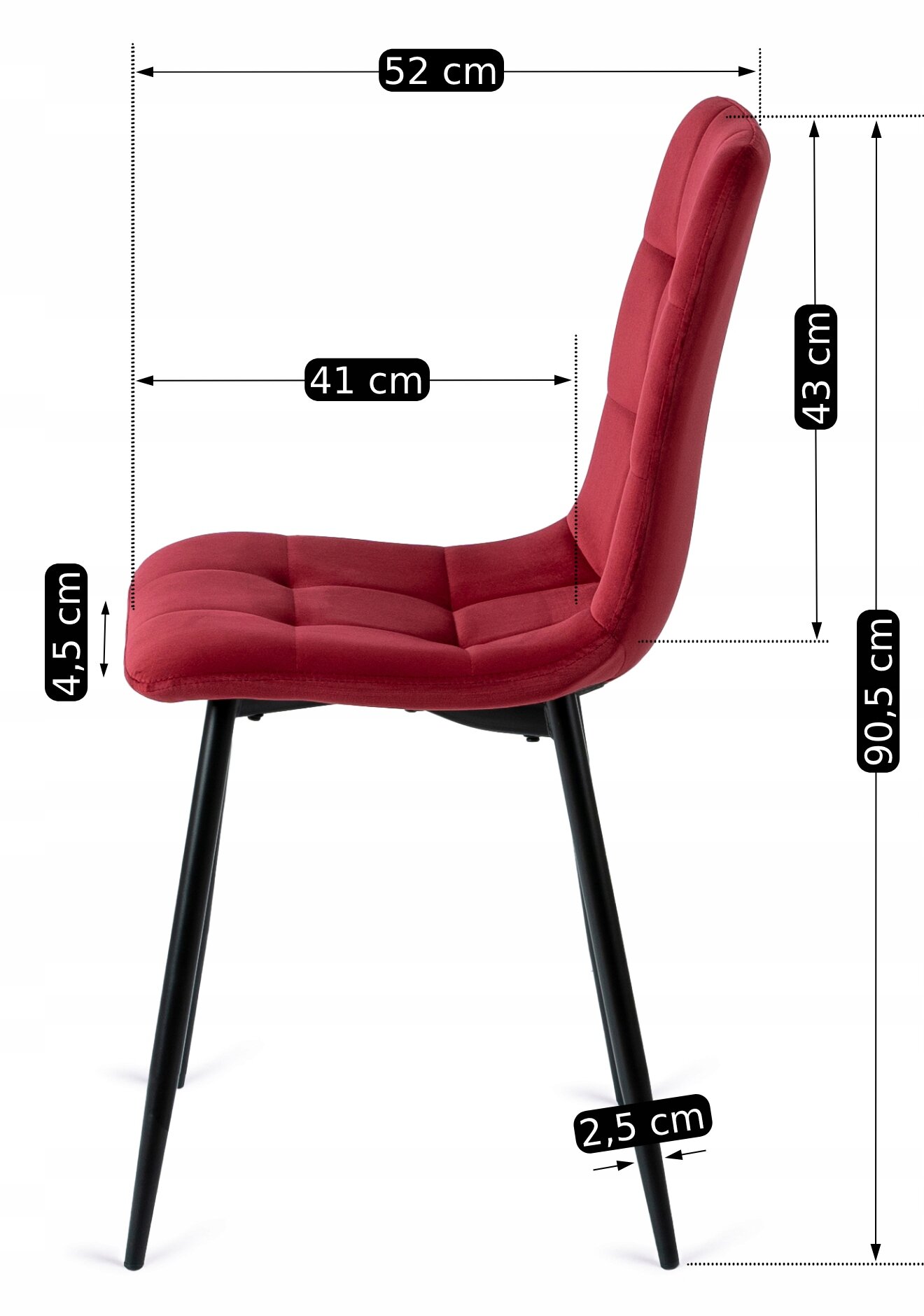Obraz przedstawia bordowe krzesło tapicerowane z weluru, z czarnymi nogami. Wymiary krzesła to: głębokość siedziska 41 cm, szerokość siedziska 52 cm, wysokość oparcia 43 cm, wysokość całkowita 90,5 cm, grubość siedziska 4,5 cm, średnica nogi 2,5 cm.