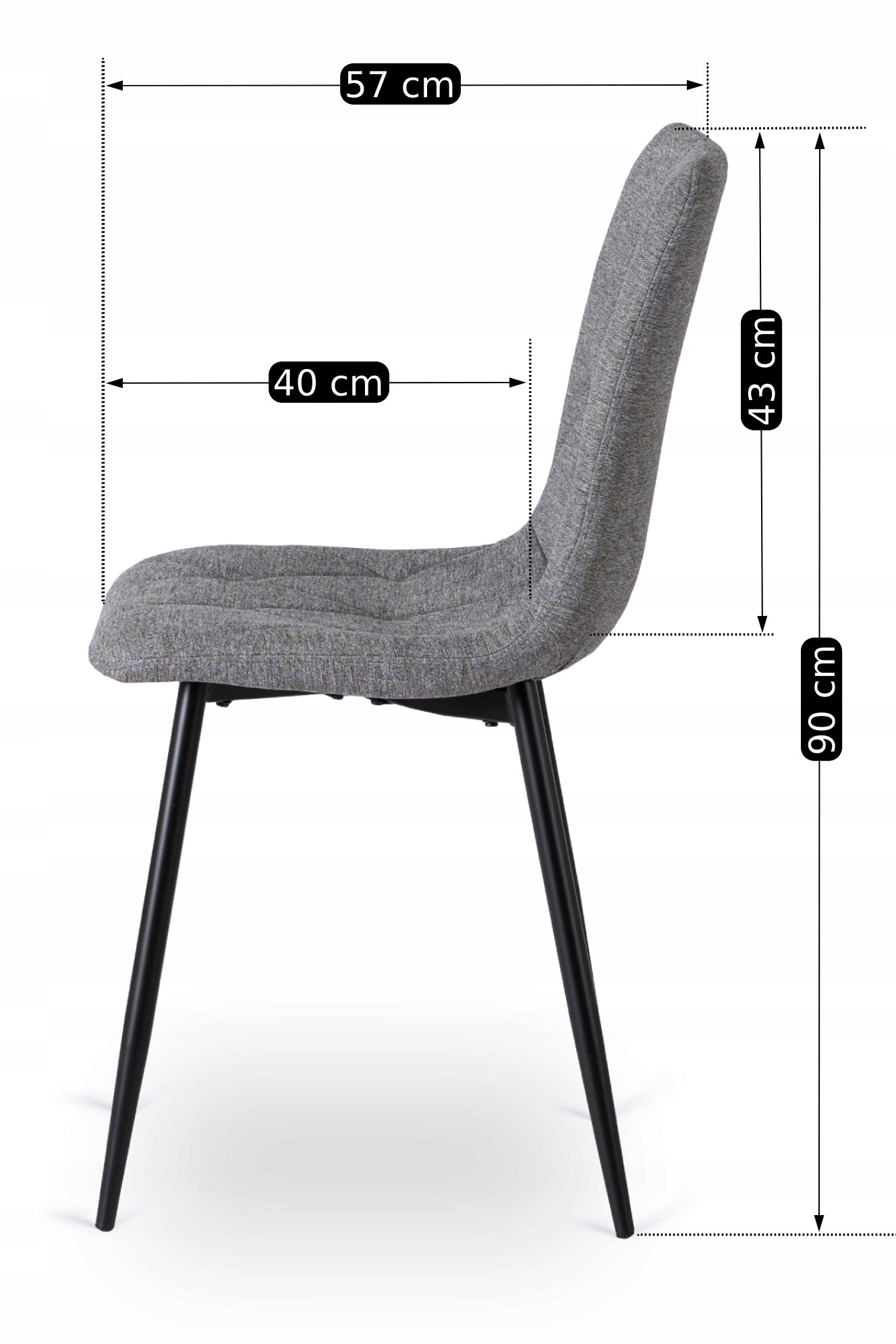 Szare, tapicerowane krzesło z czarnymi nogami, o wymiarach: głębokość siedziska 40 cm, szerokość 57 cm, wysokość siedziska 43 cm, całkowita wysokość 90 cm.