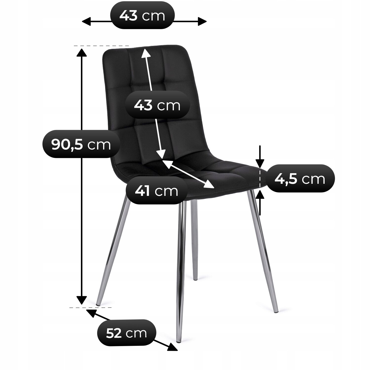 Czarne krzesło tapicerowane z ekoskóry o nowoczesnym designie, z metalowymi nogami. Wymiary: wysokość całkowita 90,5 cm, szerokość siedziska 43 cm, głębokość siedziska 41 cm, wysokość oparcia 43 cm, grubość siedziska 4,5 cm, rozstaw nóg 52 cm.