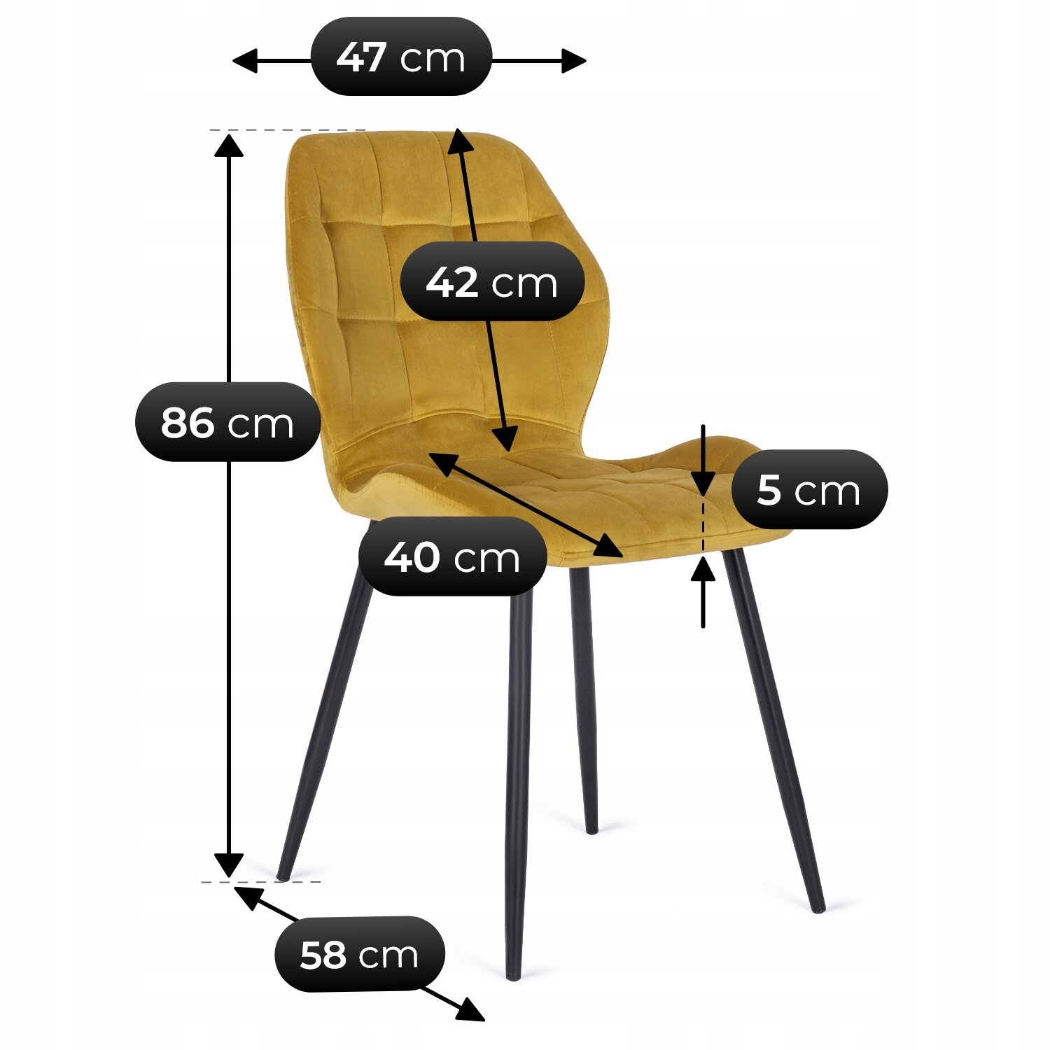Krzesło tapicerowane w kolorze musztardowym z czarnymi nogami, z wymiarami: wysokość 86 cm, szerokość siedziska 47 cm, głębokość siedziska 42 cm, wysokość siedziska 40 cm, grubość siedziska 5 cm, rozstaw nóg 58 cm.