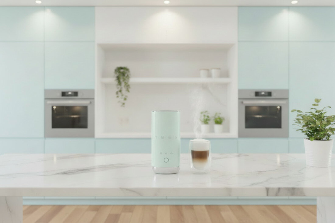 Spieniacz SMEG MFF02PGEU Pastelowa zieleń wygląd design prezentacja wizualizacja Kremowa pianka w domu