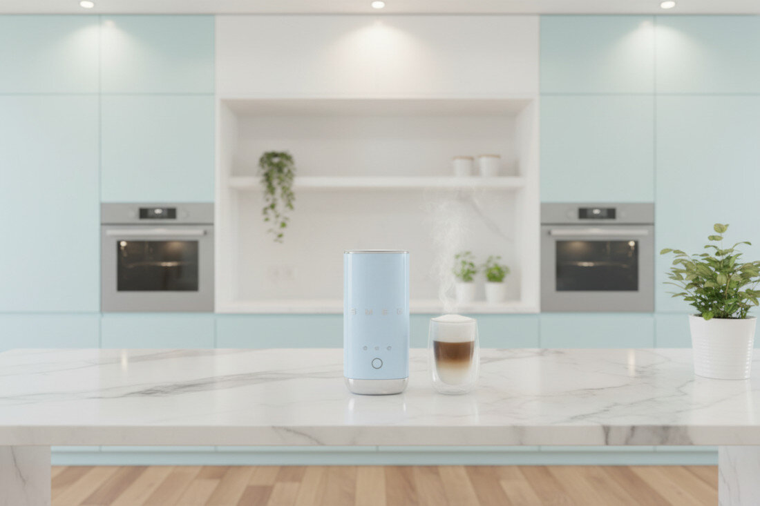 Spieniacz SMEG MFF02PGEU Pastelowa zieleń Moc i wydajność szybkie podgrzewanie  spienianie mleka pojemność do kilku filiżanek kawy