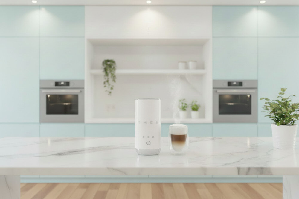Spieniacz SMEG MFF02WHEU Biały wygląd design prezentacja wizualizacja Kremowa pianka w domu