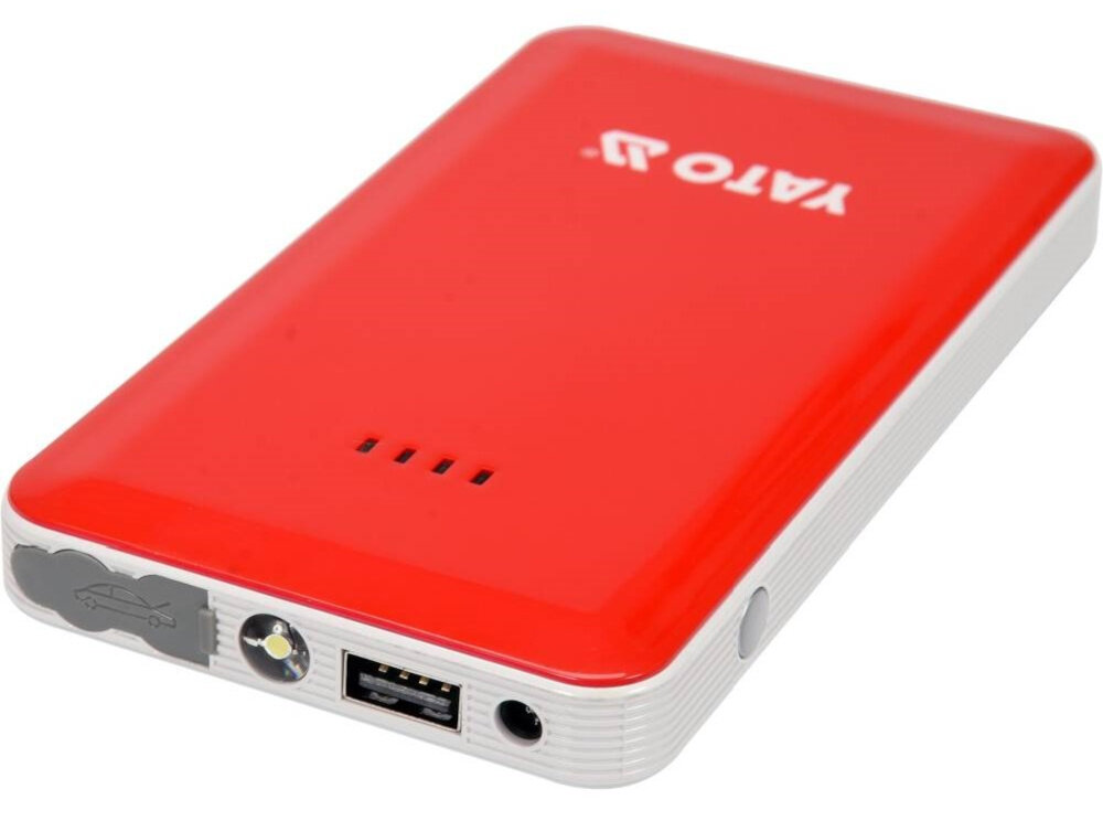 Urządzenie rozruchowe YATO 83080 Powerbank 7500 mAh urządzenie leży na płasko widok na wejścia i latarkę wbudowana latarka LED trzy tryby świecenia 100% SOS ustawienia sygnalizacji świetlnej w trybie SOS praktyczny gadżet bezpieczeństwo