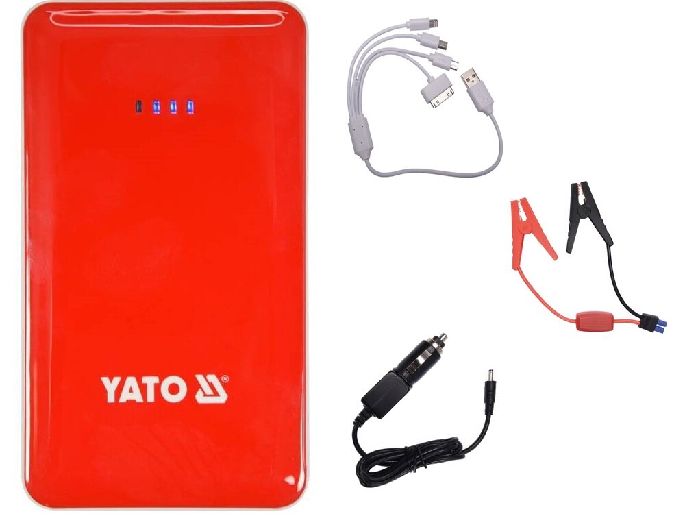 Urządzenie rozruchowe YATO 83080 Powerbank 7500 mAh zestaw na białym tle w zestawie urządzenie kabel USB-A/mini USB/micro USB/lighting/30-stykowe klemy ładowarka samochodowa 12 V ładowarka sieciowa 230 V dokumentacja