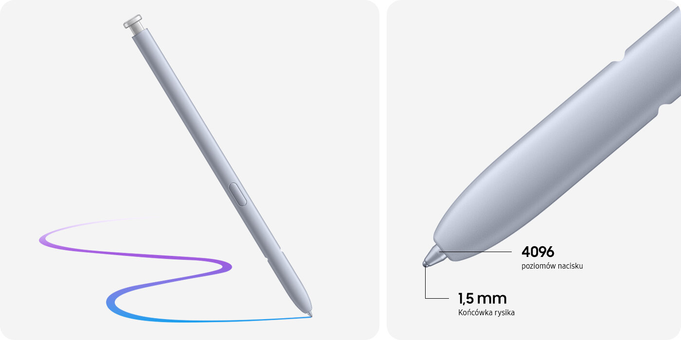 Rysik S Pen jest pokazany z pociągnięciem pędzla biegnącym w zakrzywionej linii. Końcówka rysika S Pen jest pokazana oddzielnie w zbliżeniu. Końcówka rysika ma 1,5 mm grubości i 4096 poziomów nacisku.
