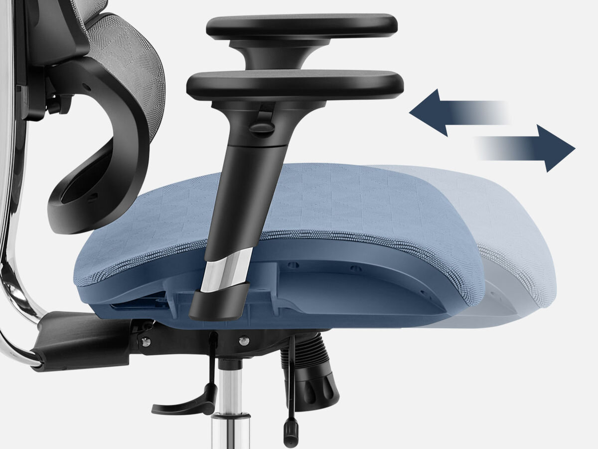 Fotel MARK ADLER Expert 8.0 Szaro-czarny, dopasowanie, regulacja, technologia slide, przesuwanie, na białym tle zbliżenie na siedzisko fotela z wizualizacją technologi slide