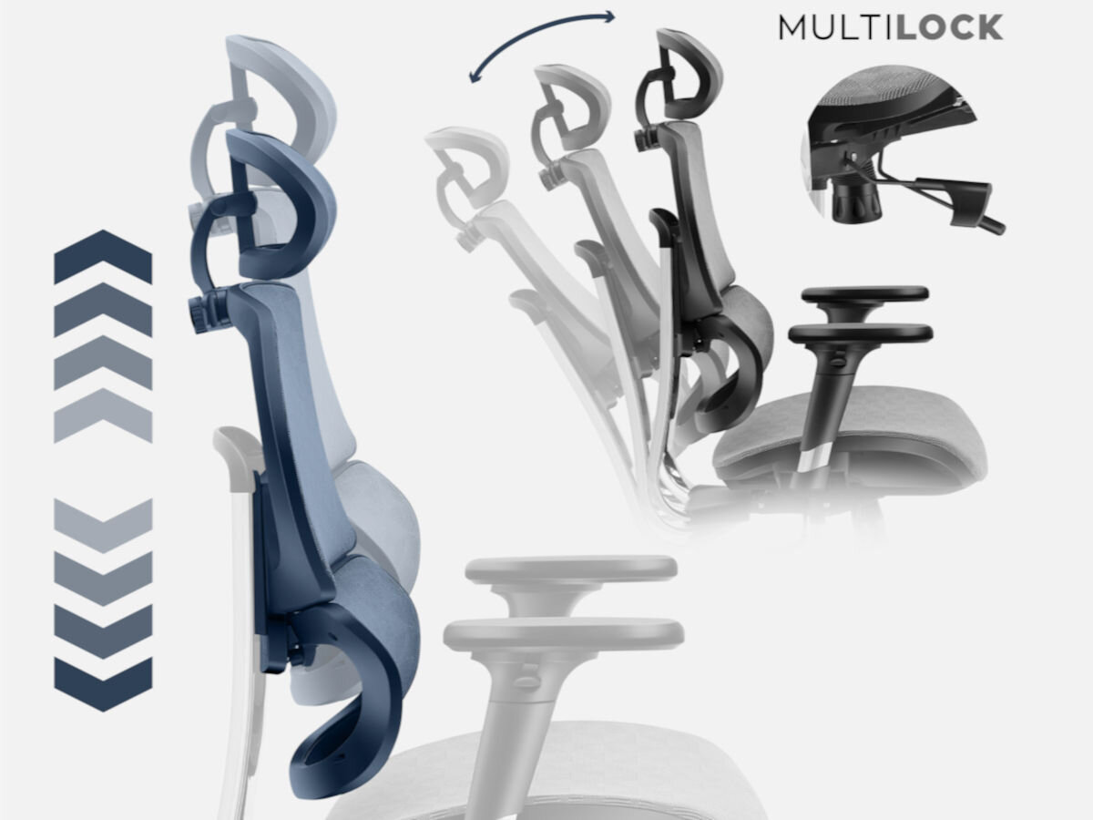 Fotel MARK ADLER Expert 8.0 Szaro-czarny, regulowane, wysokość, zagłówek, 3d, kąt, na białym tle fotel z wizualizacją regulacji wysokości oparcia, i kątem nachylenia