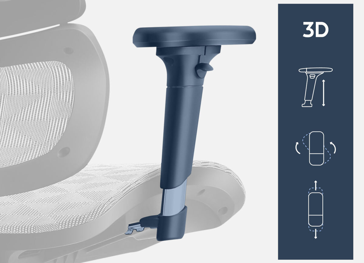 Fotel MARK ADLER Expert 8.0 Szaro-czarny, odległość, dopasoanie, ramiona, napięcie, na białym tle zbliżenie na podłokietnik wraz z logotypami 3d