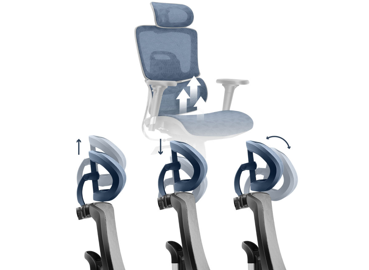 Fotel MARK ADLER Expert 8.0 Szaro-czarny, mesh hd, tkanina, cyrkulacja, powietrze, na białym tle zagłówek fotela z wizualizacją regulacji oraz wentylacji siedziska