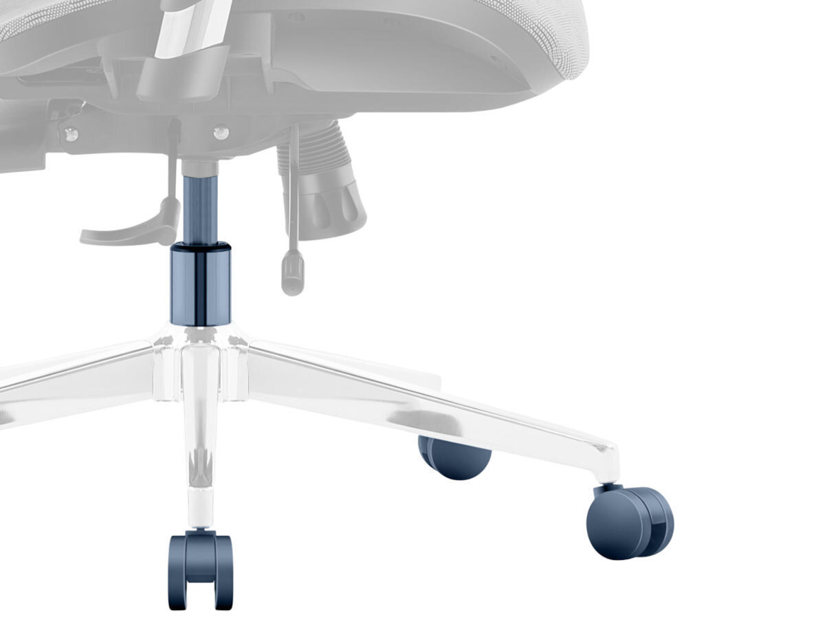 Fotel MARK ADLER Expert 8.0 Szaro-czarny, siłownik, bifma, regulacja, koła, ochrona, na białym tle zbliżenie na podstawę fotela i kółka fotela