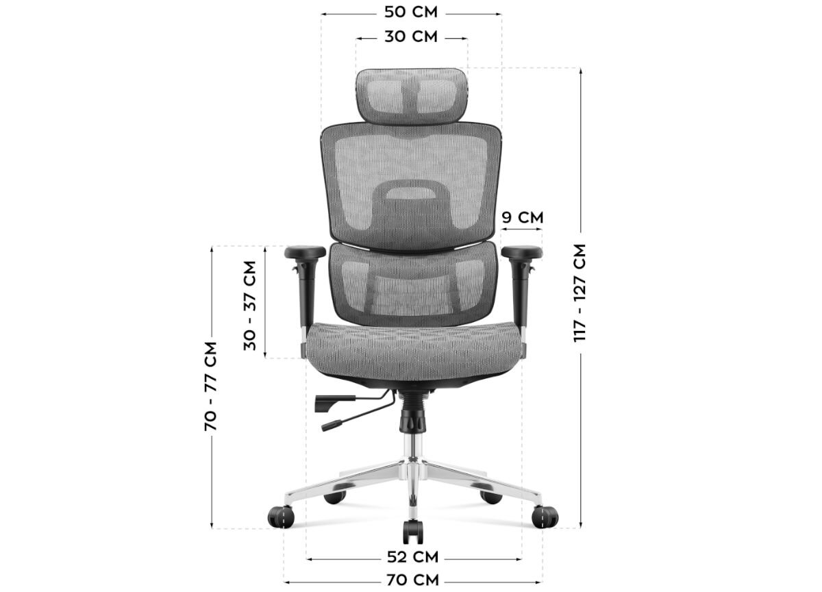 Fotel MARK ADLER Expert 8.0 Szaro-czarny, bhp, normy, rozporządzenia, bezpieczeństwo, na białym tle fotel frontem na wprost z wizualizacją wymiarów