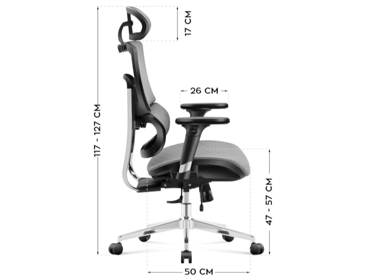 Fotel MARK ADLER Expert 8.0 Szaro-czarny, kontrukcja, ergonomia, budowa, wygoda, na białym tle fotel od boku z wizualizacją wymiarów