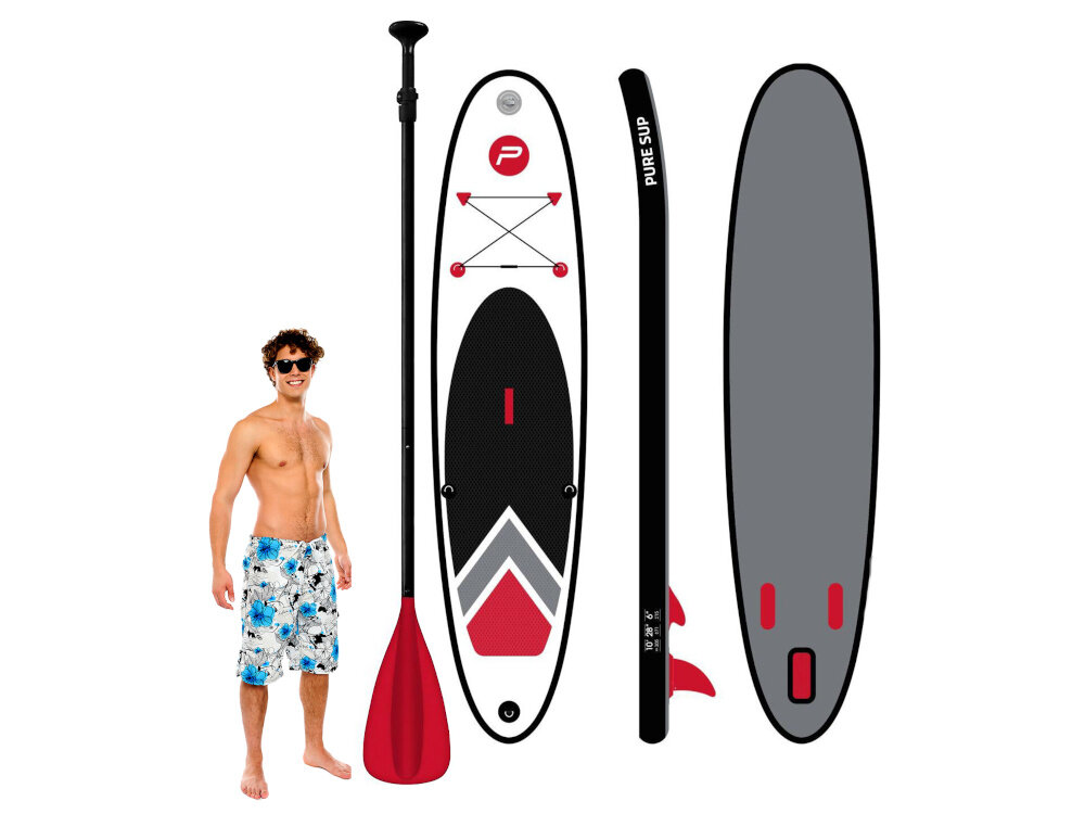 Deska SUP PURE2IMPROVE P4F950240 305 x 71 x 15 cm białe tło mężczyzna stoi obok wiosła i deski w trzech ujęciach widoczna od przodu od tyłu i z boku sport dla każdego aktywność sport wodny