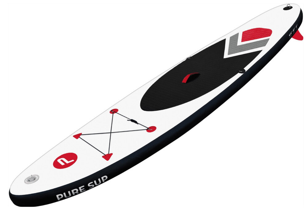 Deska SUP PURE2IMPROVE P4F950240 305 x 71 x 15 cm deska na białym tle widoczna od przodu pod skosem nadmuchiwana deska SUP o wymiarach 305 x 71 x 15 cm dla osób początkujących i średnio zaawansowanych rekreacyjne pływanie ćwiczenia równowagi i koordynacji Stand-up paddling angażuje wszystkie partie mięśni bezpieczna i stabilna aktywność na jeziorze na morzu