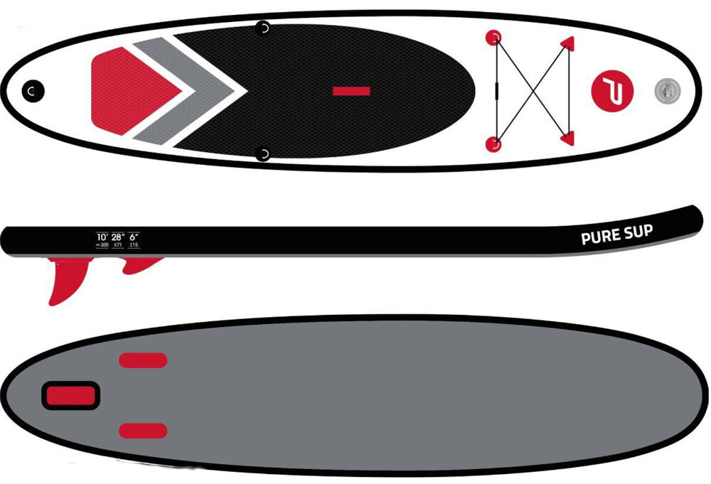 Deska SUP PURE2IMPROVE P4F950240 305 x 71 x 15 cm deska w trzech ujęciach widoczna od przodu od tyłu i z boku grubość 15 cm maksymalne ciśnienie 15 psi duża wyporność i sztywność szerokość 71 cm antypoślizgowa powłoka EVA pewne oparcie dla stóp