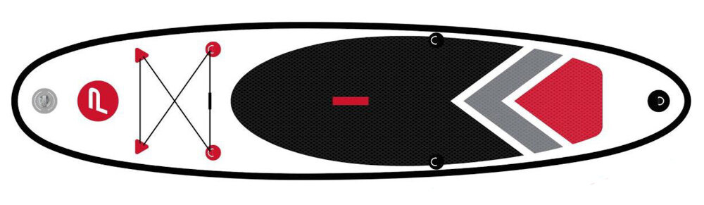 Deska SUP PURE2IMPROVE P4F950240 305 x 71 x 15 cm deska na białym tle widoczna od góry z wysokiej jakości PVC i pianki EVA w technologii drop stitch duża sztywność waga 9,19 kg łatwo ją przenieść i przygotować do użytku odporność na uszkodzenia mechaniczne i intensywne użytkowanie