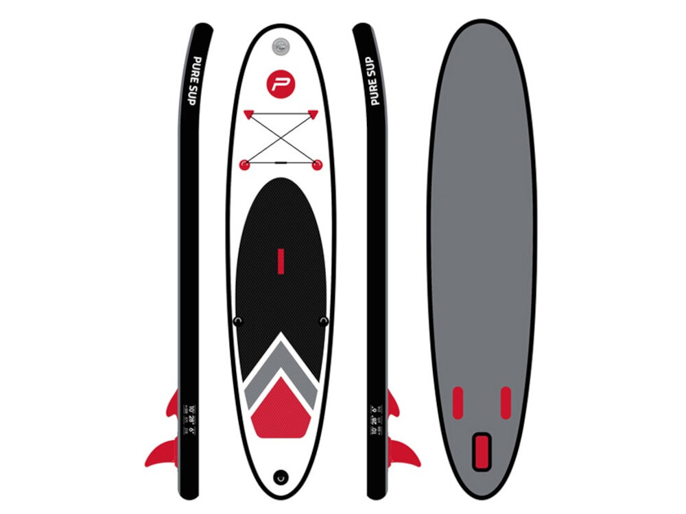 Deska SUP PURE2IMPROVE P4F950240 305 x 71 x 15 cm deska w czterech ujęciach od przodu od tyłu i z dwóch boków białe tło trzy stateczniki jeden odpinany lepsze prowadzenie deski utrzymanie stabilnego toru płynięcia deska płynie bardziej przewidywalnie, nie „znosi” na boki większa kontrola łatwiejsze manewrowanie mniejsze zmęczenie rąk i tułowia