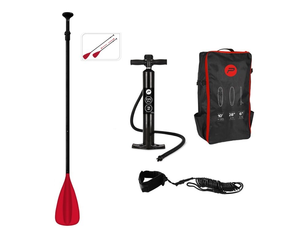 Deska SUP PURE2IMPROVE P4F950240 305 x 71 x 15 cm wiosło pompka smycz i plecak na białym tle aluminiowe wiosło z regulacją długości dopasowanie do wzrostu użytkownika smycz spiralna bezpieczeństwo ręczna pompka praktyczny plecak transportowy zestaw naprawczy