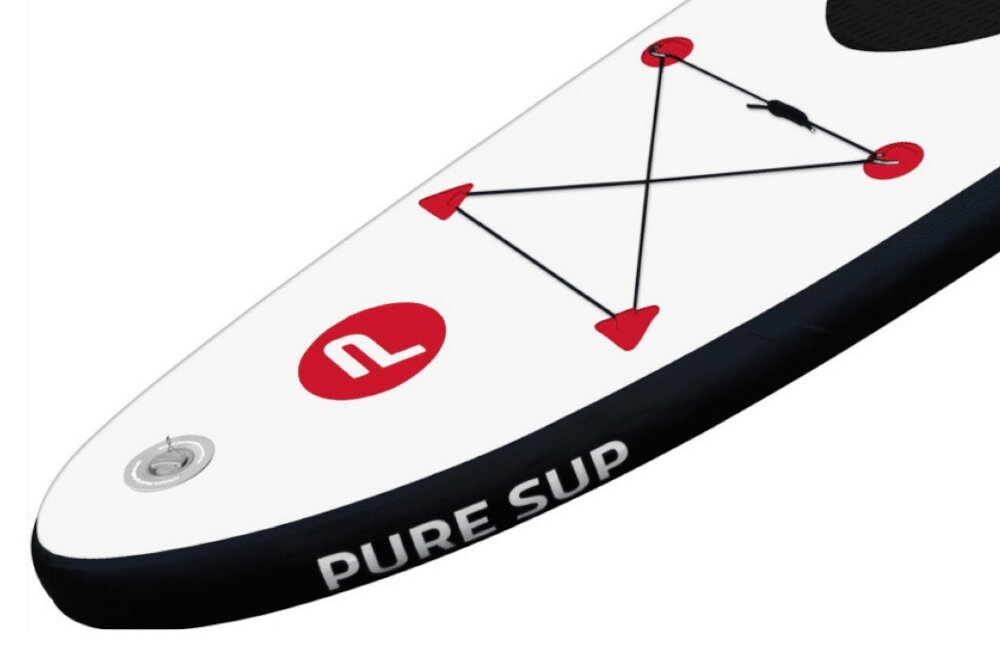 Deska SUP PURE2IMPROVE P4F950240 305 x 71 x 15 cm zbliżenie na zawór powietrza szybko spuścić powietrze z deski zaworki wysokiego ciśnienia plecak waga zestawu 11 kg łatwe przenoszenie i przechowywanie