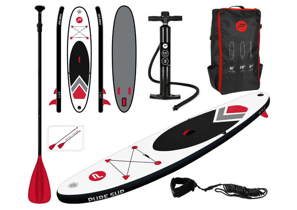 Deska SUP PURE2IMPROVE P4F950240 305 x 71 x 15 cm zestaw na białym tle w zestawie deska plecak wiosło pompka zestaw naprawczy 3 stateczniki spiralna smycz 2 kółka D do krzesła dokumentacja