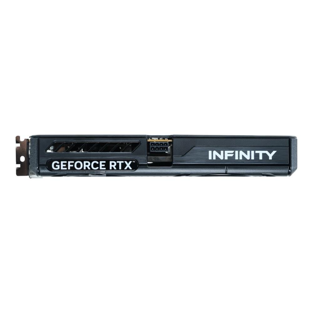 Obraz przedstawia kartę graficzną z widocznymi napisami \'GEFORCE RTX\' i \'INFINITY\'. Karta ma ciemną obudowę z elementami wentylacyjnymi.