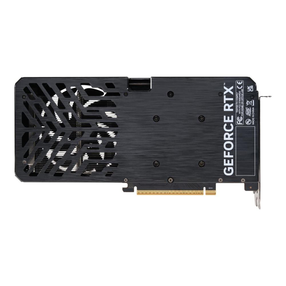 Obraz przedstawia tylną część karty graficznej z napisem \'GEFORCE RTX\'. Widoczne są otwory wentylacyjne oraz złącze PCIe.