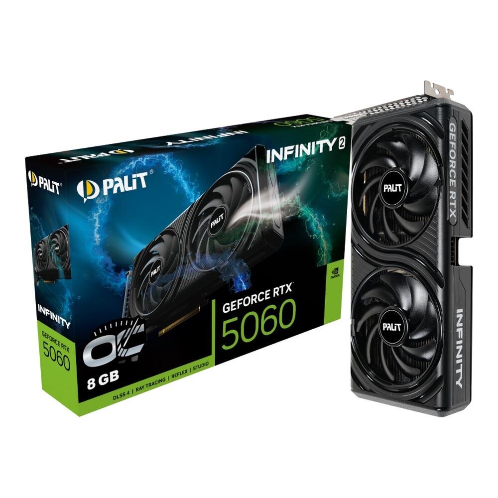 Na obrazie widoczna jest karta graficzna z dwoma wentylatorami oraz pudełko z napisem \'Palit Geforce RTX 5060\'. Na pudełku znajdują się również napisy \'INFINITY 2\', \'8 GB\', \'DLSS 4\', \'RAY TRACING\', \'REFLEX\', \'STUDIO\'.