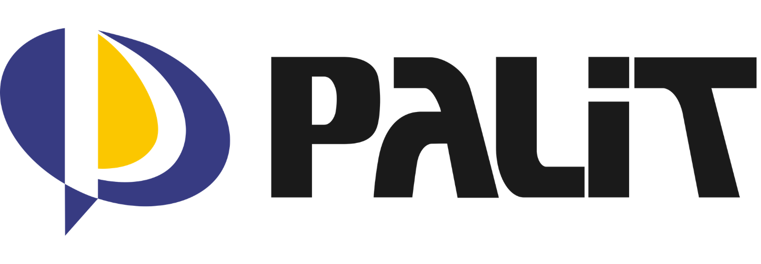 Logo z napisem \'PALIT\' obok symbolu w kształcie litery \'P\' w kolorach niebieskim, białym i żółtym.