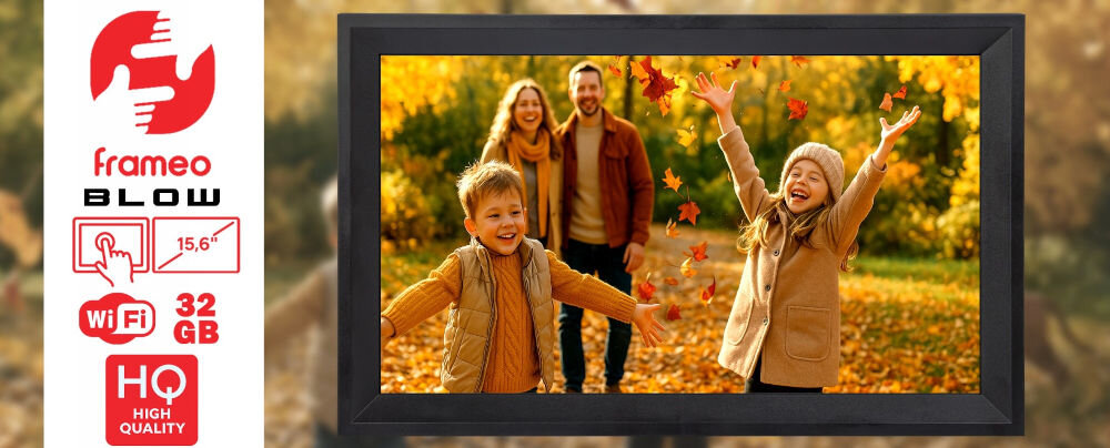 Ramka cyfrowa BLOW 15.6 Frameo Wi-Fi prezentacja ramki ze zdjęciem od frontu zdjęcie rozciągnięte poza ramkę biały pasek z napisem frameo BLOW i ikonami