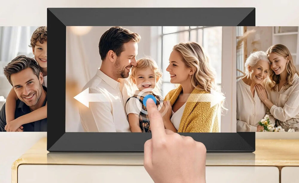 Ramka cyfrowa BLOW 15.6 Frameo Wi-Fi prezentacja ramki ze zdjęciem palec na ekranie przesuwający zdjęcia dotykowy IPS przekątna rozdzielczość obraz pozostaje czytelny pod różnymi kątami