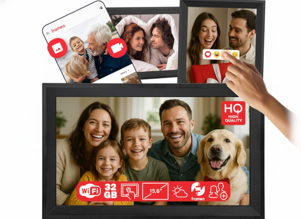 Ramka cyfrowa BLOW 15.6 Frameo Wi-Fi prezentacja ramki w kolażu zdjęć z ikonami, telefonem z włączoną aplikacją formaty zdjęć krótkie nagrania wideo z dźwiękiem wbudowany głośnik