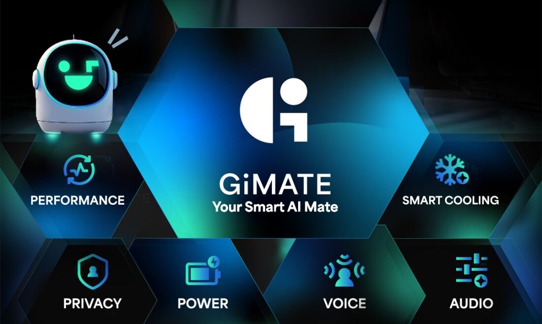 Obraz przedstawia logo i napis \'GiMATE Your Smart AI Mate\' na tle sześciokątnych kształtów. Wokół znajdują się ikony z napisami: \'PERFORMANCE\', \'SMART COOLING\', \'PRIVACY\', \'POWER\', \'VOICE\', \'AUDIO\'.
