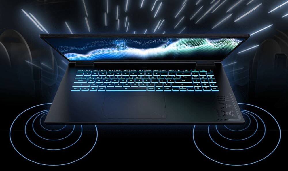 Laptop gamingowy GIGABYTE A18 z podświetlaną klawiaturą, otoczony wizualizacją fal dźwiękowych w odcieniach fioletu i błękitu, symbolizujący immersyjny dźwięk dzięki technologii Dolby Atmos. - wrażenia audio Dolby Atmos
