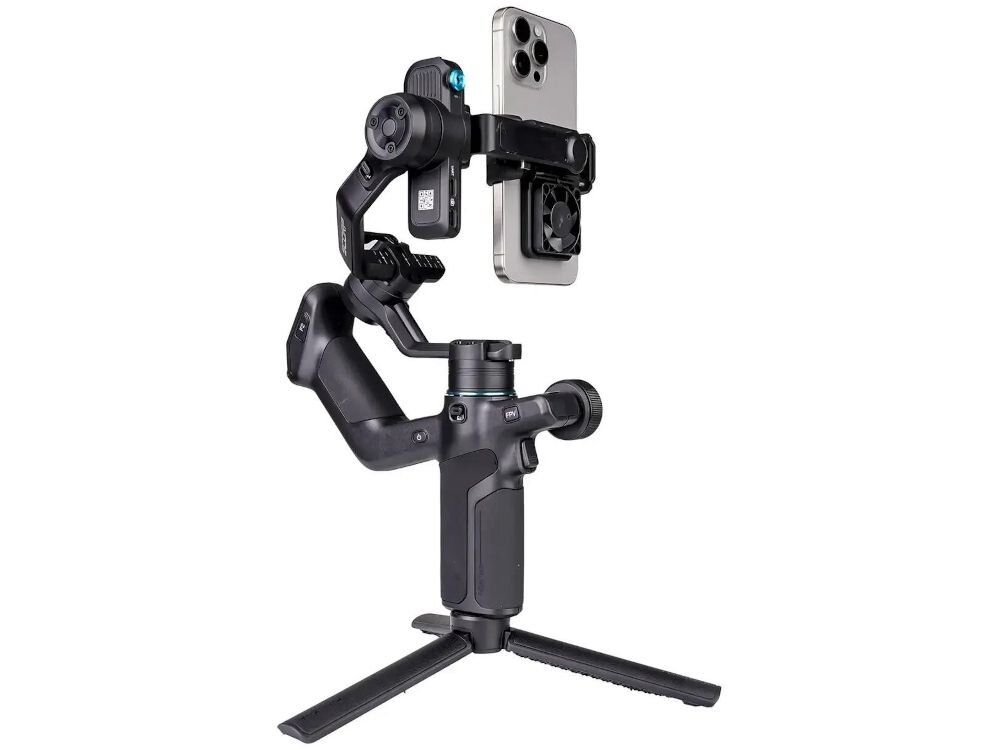 Gimbal FEIYUTECH Scorp Mini 3 Pro współpracujący z różnymi urządzeniami nagrywającymi.