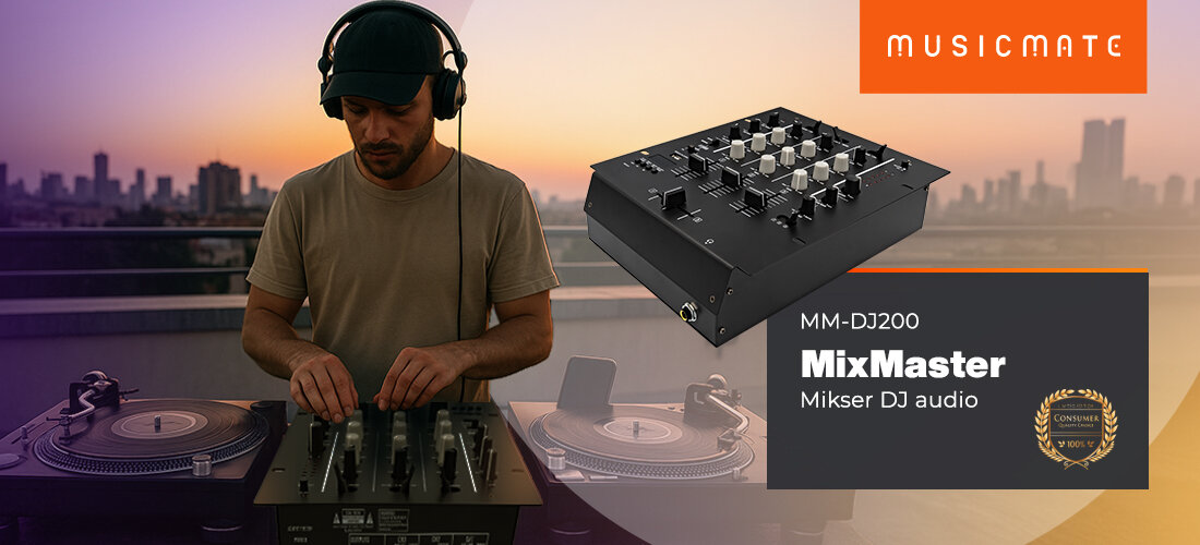Mikser audio MUSICMATE MM-DJ200 MixMaster – mikser DJ, kontrola dźwięku, miksowanie, osoba pracująca na mikserze na dachu