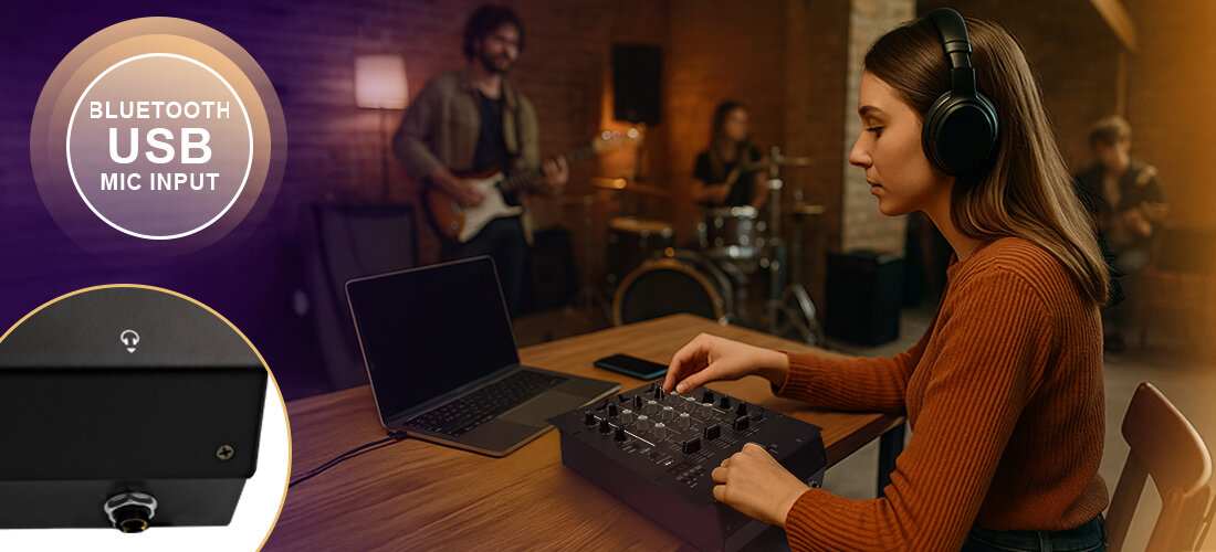 Mikser audio MUSICMATE MM-DJ200 MixMaster – 3-kanałowy mikser DJ z Bluetooth i USB, osoba z słuchawkami nausznymi, miksoer sotjący na stole