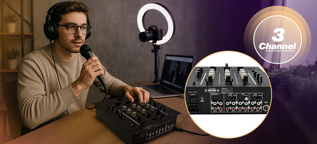 Mikser audio MUSICMATE MM-DJ200 MixMaster – wejścia PHONO LINE RCA i 3 kanały, osoba z mikrofonem w ręku oraz słuchawkami na głowie, mikser leżący na stole obok laptopa