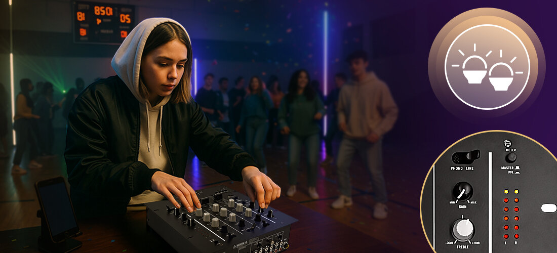 Mikser audio MUSICMATE MM-DJ200 MixMaster – monitoring słuchawkowy, wyjścia RCA, wskaźnik LED, dj miksujący utwór na mikserze, w tle impreza taneczna