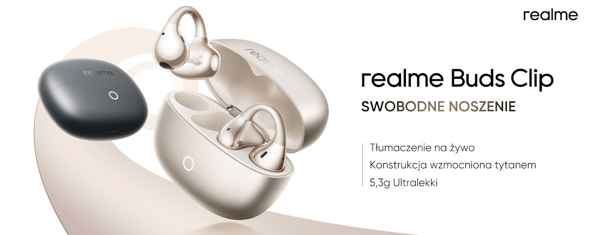 REALME Buds Clip ultralekkie słuchawki bezprzewodowe tłumaczenie na żywo komfort stabilność, dwie pary słuchawek z etui ładującym na jasnym tle