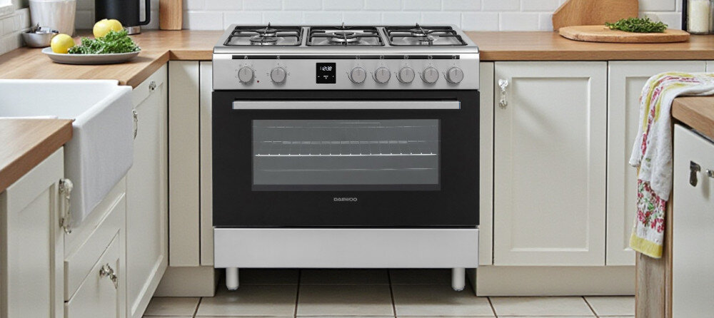 KUCHNIA DAEWOO F96CGDTE19INM-EE Zdjęcie przedstawia srebrno‑czarną kuchnię wolnostojącą Daewoo z czterema palnikami gazowymi i dużym piekarnikiem, ustawioną centralnie w zabudowie z jasnymi frontami i drewnianym blatem. Zdjęcie przedstawia także fragment przytulnej kuchni z białym zlewem po lewej stronie, deską do krojenia po prawej oraz ziołami i cytrynami na blatach kuchnia wolnostojąca 90 cm kuchnia gazowa daewoo