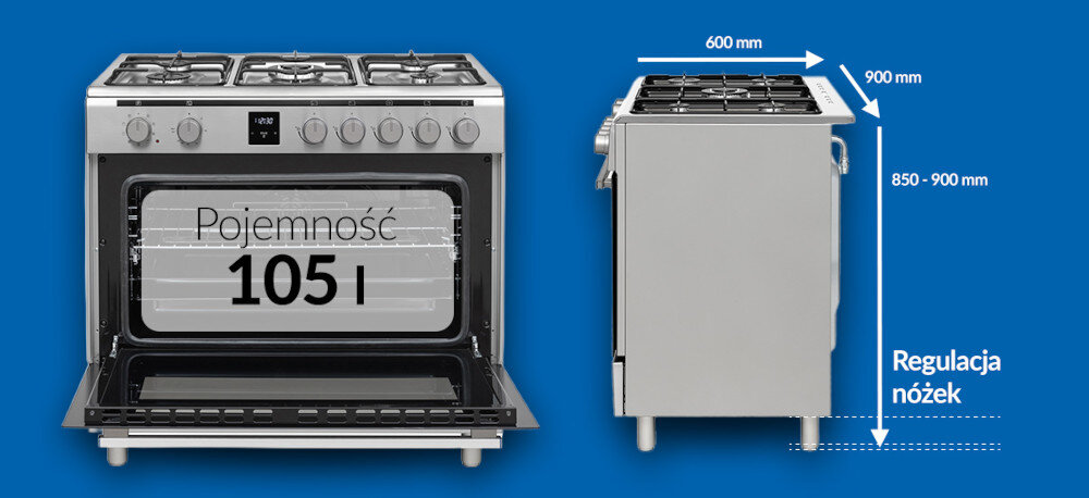 KUCHNIA DAEWOO F96CGDTE19INM-EE Zdjęcie przedstawia kuchnię wolnostojącą Daewoo z otwartym piekarnikiem, w którym na grafice zaznaczono dużą pojemność 105 l, oraz czterema palnikami gazowymi na płycie. Zdjęcie przedstawia także widok boczny urządzenia z opisanymi wymiarami: głębokość 600 mm, szerokość 900 mm oraz regulowaną wysokością nóżek w zakresie 850–900 mm szerokość 90 cm głębokość 60 cm regulowana wysokość duży piekarnik 105 l ergonomia