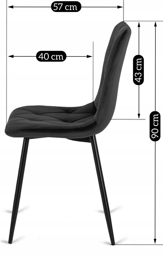 Czarne krzesło tapicerowane welurem z metalowymi nogami, przedstawione z boku. Wymiary: szerokość 57 cm, głębokość 40 cm, wysokość siedziska 43 cm, całkowita wysokość 90 cm.
