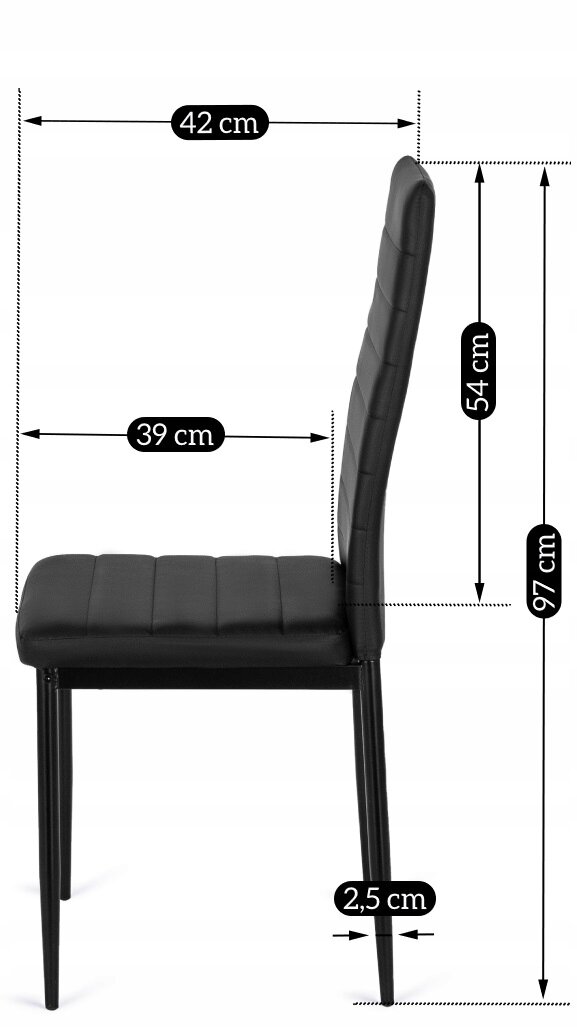Obraz przedstawia czarne, tapicerowane krzesło kuchenne z wymiarami: szerokość siedziska 42 cm, głębokość siedziska 39 cm, wysokość oparcia 54 cm, całkowita wysokość 97 cm, średnica nogi 2,5 cm.
