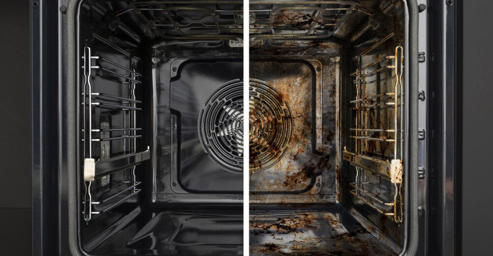 PIEKARNIK HISENSE BSA6634PBG8 wizualizacja porównanie dwie części wnętrze drzwiczki pyroliza szyba front zamknięta czyszczenie pyrolityczne wysoka temperatura usuwanie zabrudzeń tłuszczu przypaleń