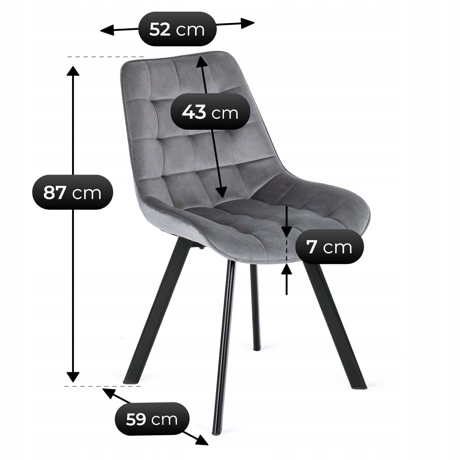 Szare, tapicerowane krzesło z weluru o wymiarach: wysokość 87 cm, szerokość 52 cm, głębokość 59 cm, wysokość siedziska 43 cm, grubość siedziska 7 cm. Krzesło posiada czarne, metalowe nogi.
